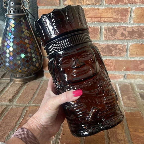 Vtg Dutch Masters The Chieftain Brown Amber Glass Indian Jar Humidor Canister - Picture 3 of 8